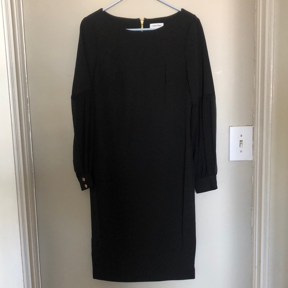 NWOT Calvin Klein shift dress. Black. Chiffon sleeve. Gold zipper up back.